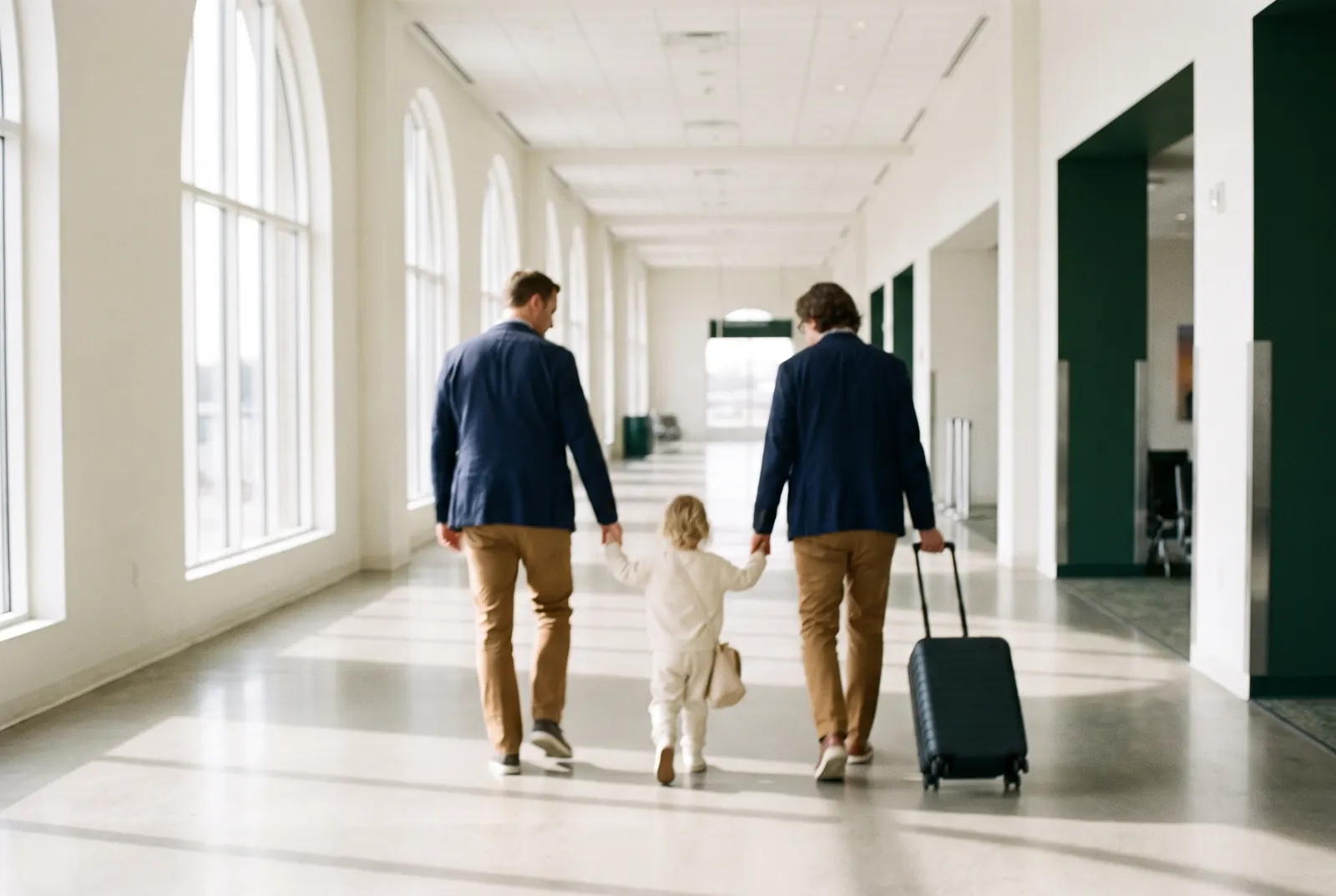 Familia caminando de la mano por un aeropuerto luminoso