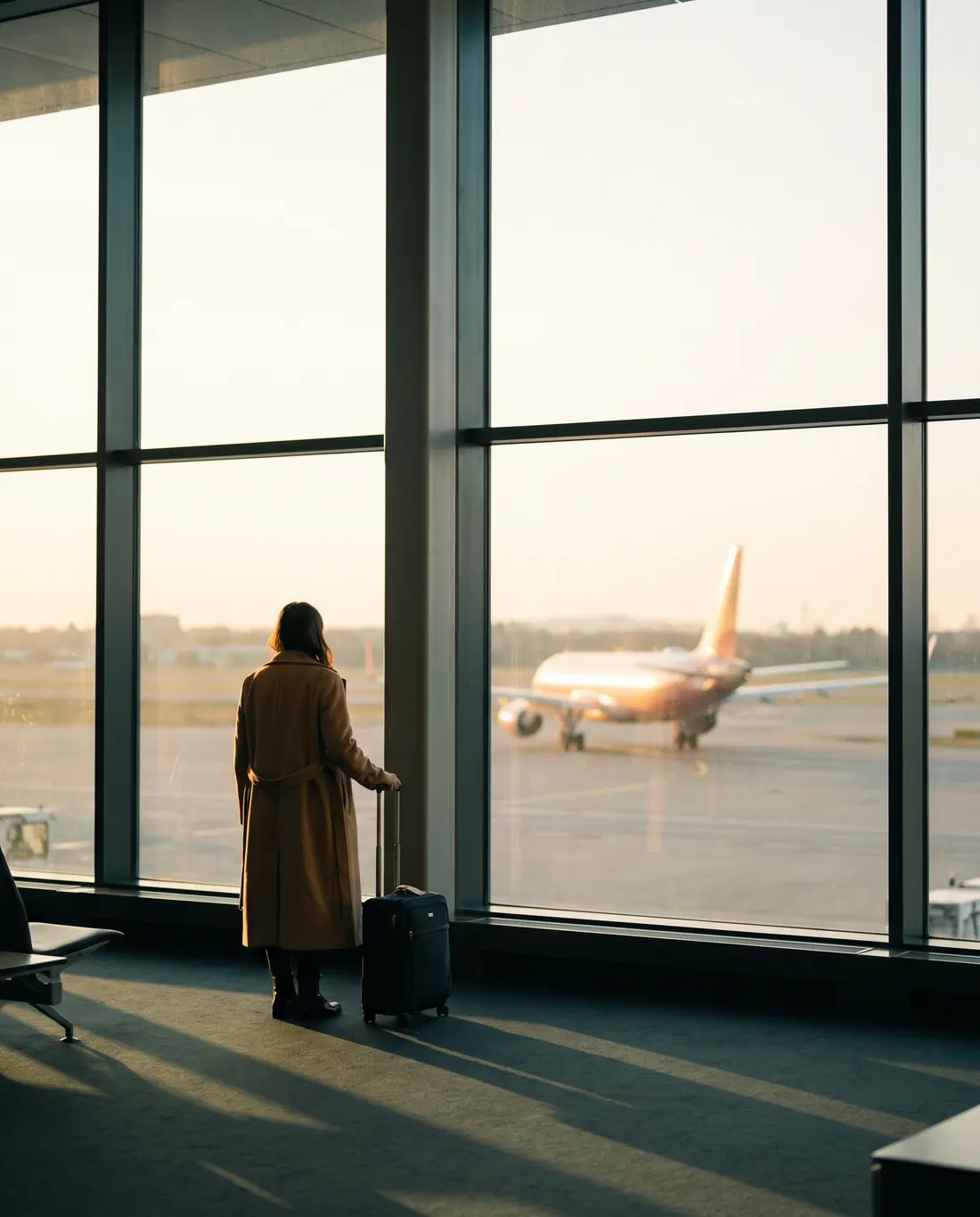 Viajera frente al ventanal de un aeropuerto mirando un avión al atardecer
